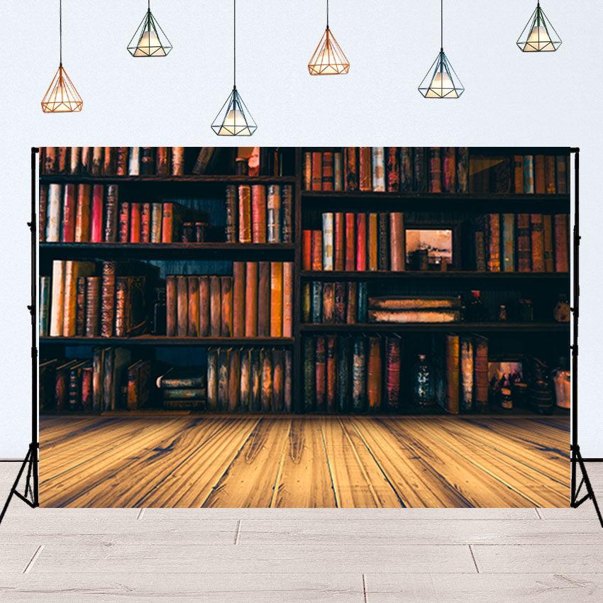 Blurred Image Many Old Books on Bookshelf In Library Wooden Floor Backdrop SBH0105
