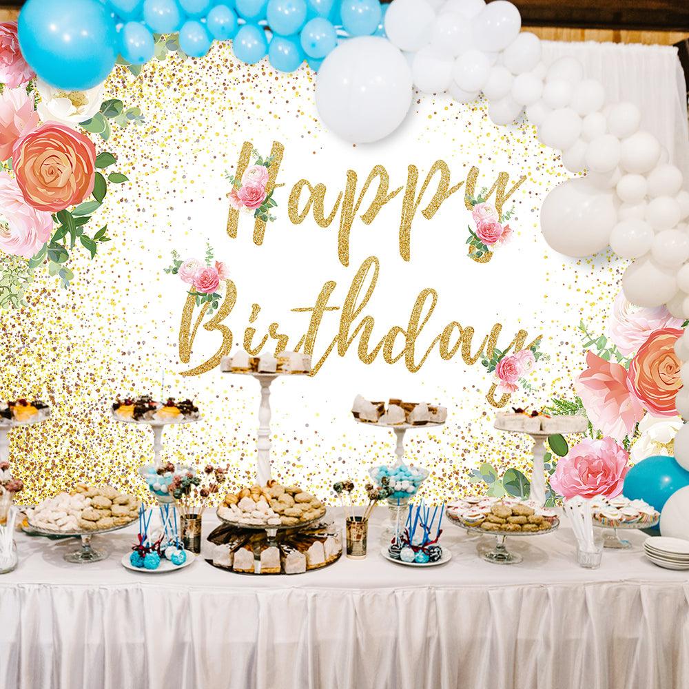 Flower Decoration Happy Birthday Backdrop for Birthday Party