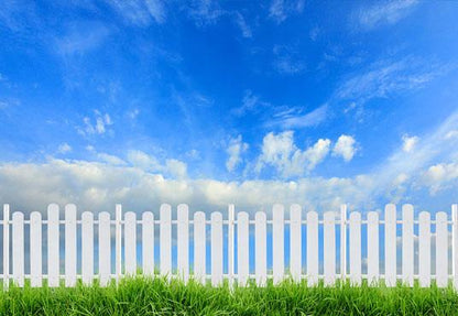 Blue Sky White Fence Cloud Spring Green Grass Backdrop for Easter