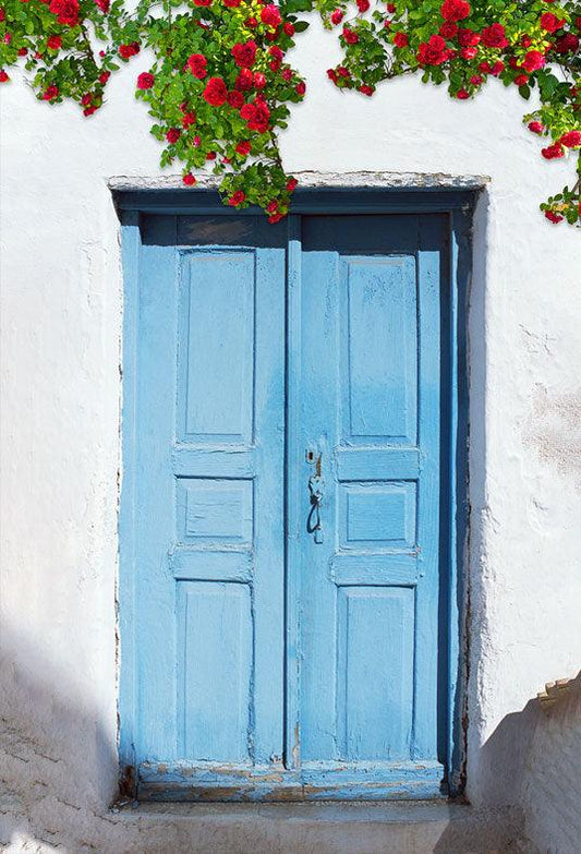 Stone House Blue Wood Door Flower Tree Photography Backdrops