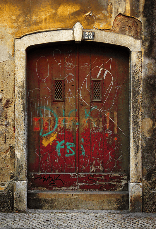 Old Red Wooden Door On Weathered Wall Backdrop for Photography SBH0190