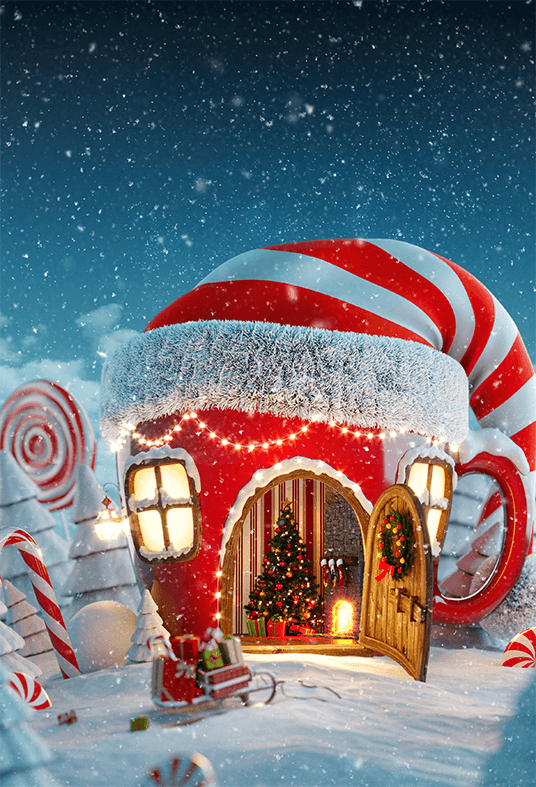 Christmas Fairytale Red Hat House Photography Backdrop SBH0248