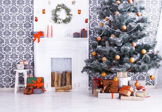 Fireplace Orange Ball Christmas Tree Backdrop For Studio