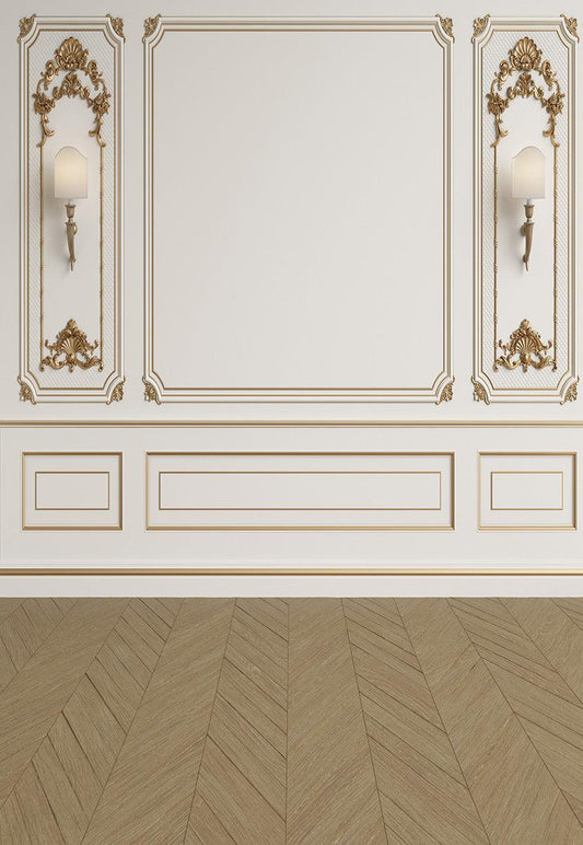 White Wall Golden Edge Wedding Brown Wood Floor Backdrops