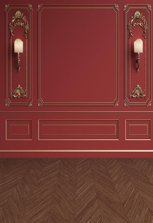 Red Gold Texture Wall Brown Wood Floor Wedding Photo Backdrops