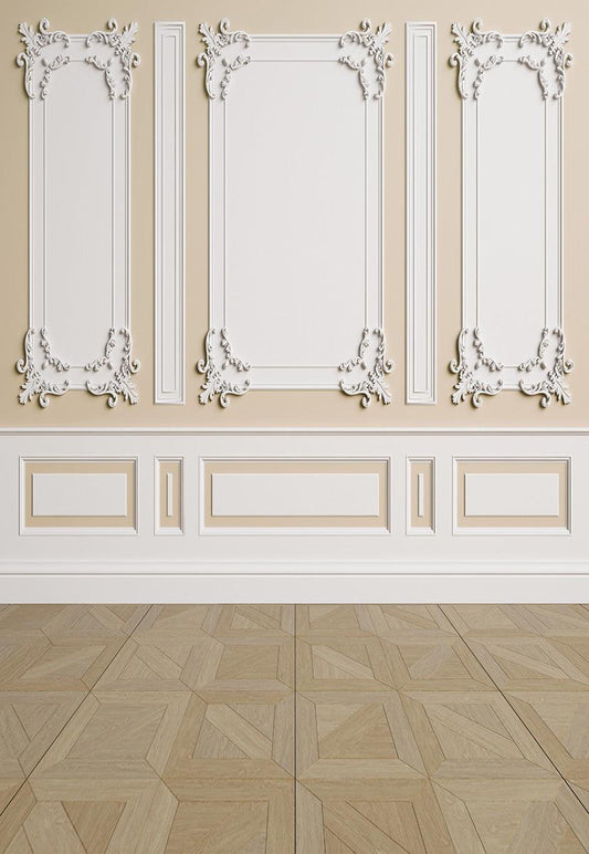 Beige White Wall Brown Wood Floor Backdrops for Wedding