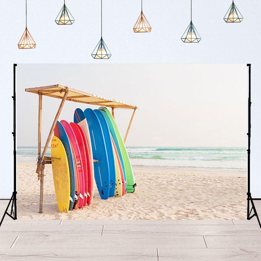 Colorful Surf Boards for Rent on Sandy Beach Backdrop for Photo SBH0119