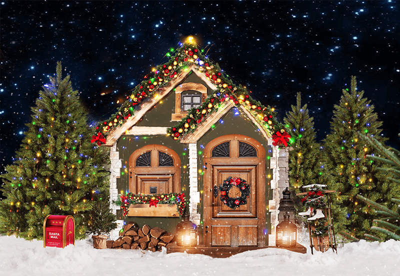 Christmas Trees Wooden House Backdrop for Photography SBH0273