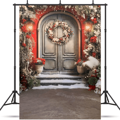Wood Door Joyful Wreaths Christmas Children Portrait Photo Backdrop SBH0673
