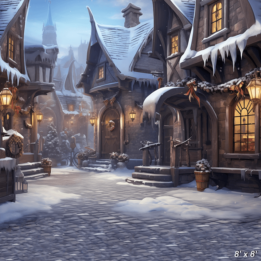 Fantasy Snowy Village Street Shops Christmas  Backdrop for Photo SBH0685