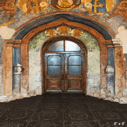 Arched Wooden Door With Painting On Wall Backdrop For Photo SBH0692