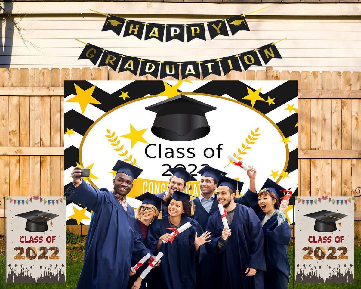 Black and White Background Graduation Party Decorations Yellow Photo Backdrop for Photography TKH1859