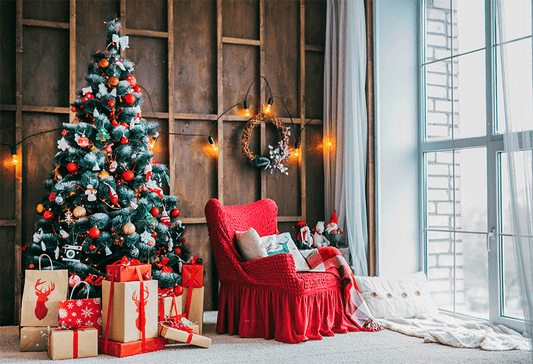 Brown Wall Window Red Sofa Christmas Photo Booth Backdrop